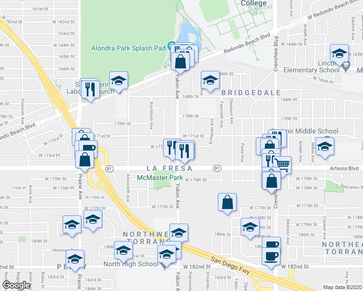 map of restaurants, bars, coffee shops, grocery stores, and more near 17124 Yukon Avenue in Torrance