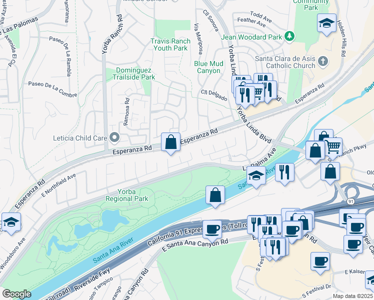 map of restaurants, bars, coffee shops, grocery stores, and more near 8071 East Woodsboro Avenue in Anaheim
