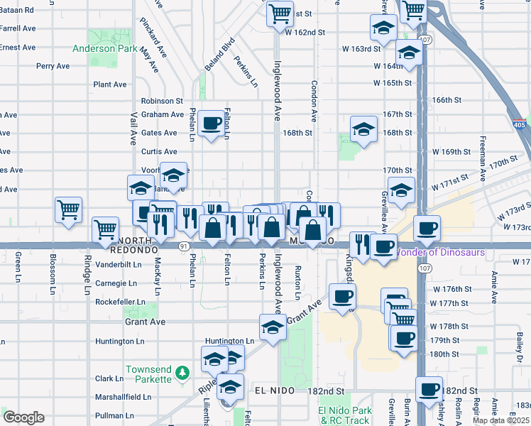 map of restaurants, bars, coffee shops, grocery stores, and more near 2106 Perkins Lane in Redondo Beach