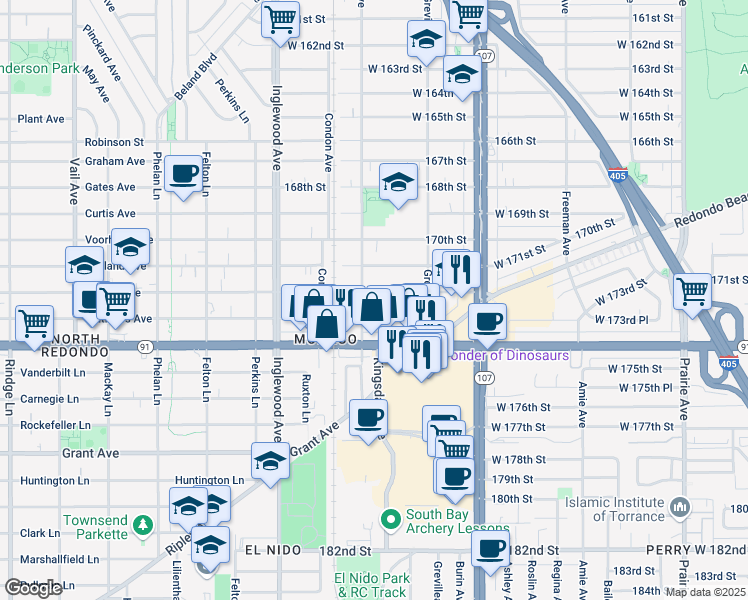 map of restaurants, bars, coffee shops, grocery stores, and more near 4580 West 172nd Street in Lawndale