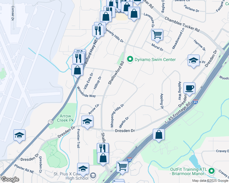 map of restaurants, bars, coffee shops, grocery stores, and more near 2473 Woodside Way in Chamblee