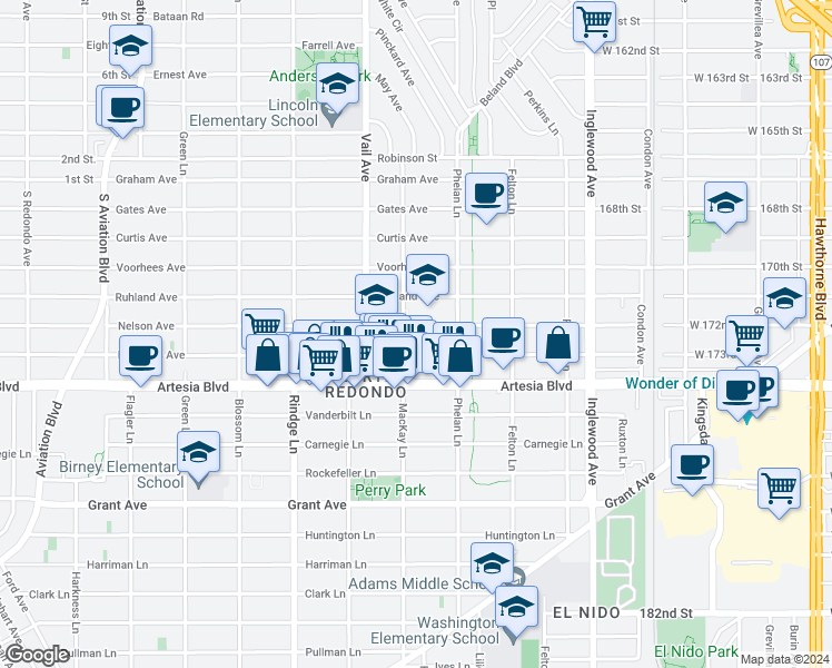 map of restaurants, bars, coffee shops, grocery stores, and more near 2404 Nelson Avenue in Redondo Beach