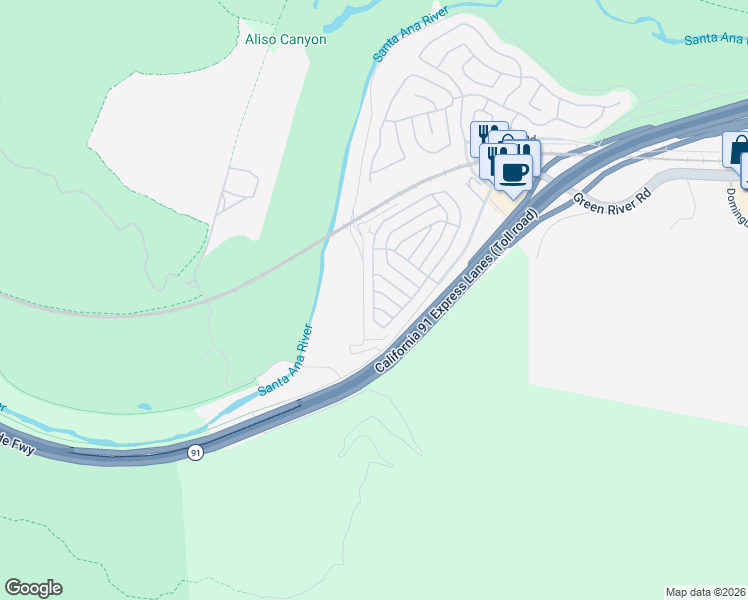map of restaurants, bars, coffee shops, grocery stores, and more near Arrowhead in Corona