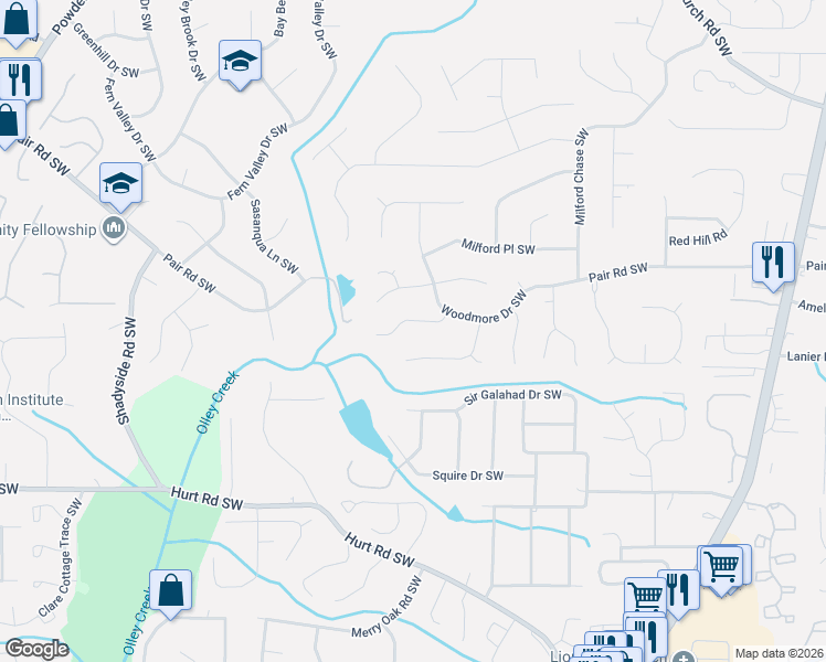 map of restaurants, bars, coffee shops, grocery stores, and more near 1623 Sparrow Wood Lane Southwest in Marietta