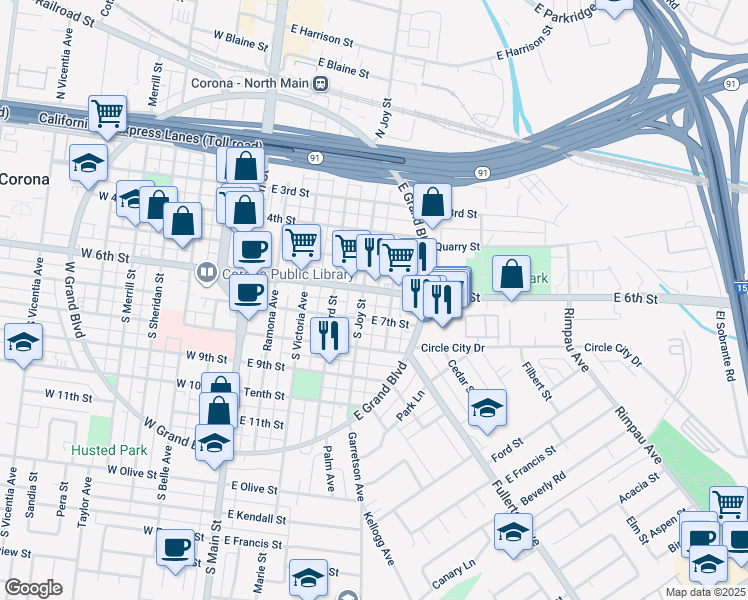 map of restaurants, bars, coffee shops, grocery stores, and more near 510 East 6th Street in Corona