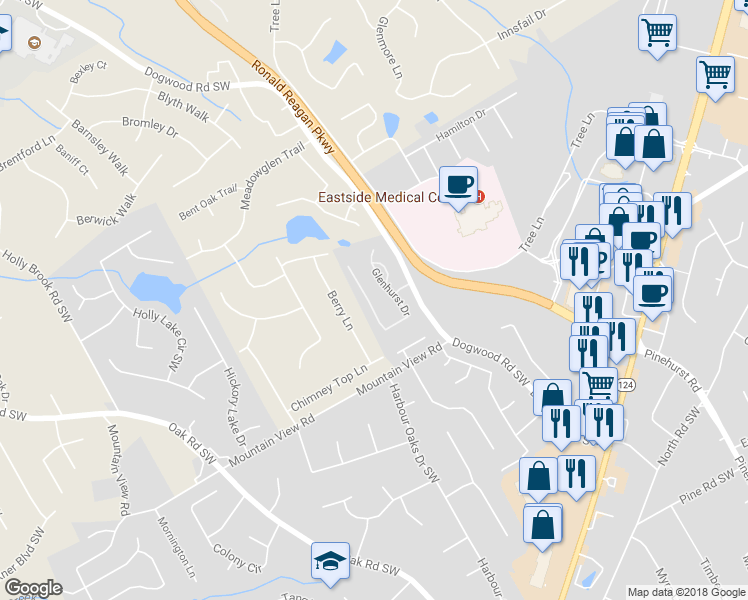 map of restaurants, bars, coffee shops, grocery stores, and more near 2055 Glenhurst Drive in Snellville