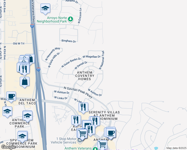 map of restaurants, bars, coffee shops, grocery stores, and more near 42937 North Voyage Trail in New River