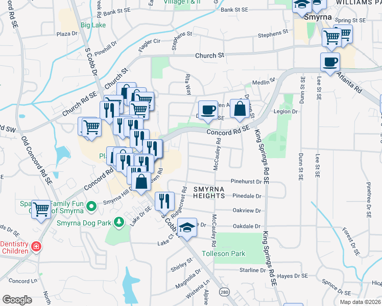 map of restaurants, bars, coffee shops, grocery stores, and more near 985 Manor Drive in Smyrna