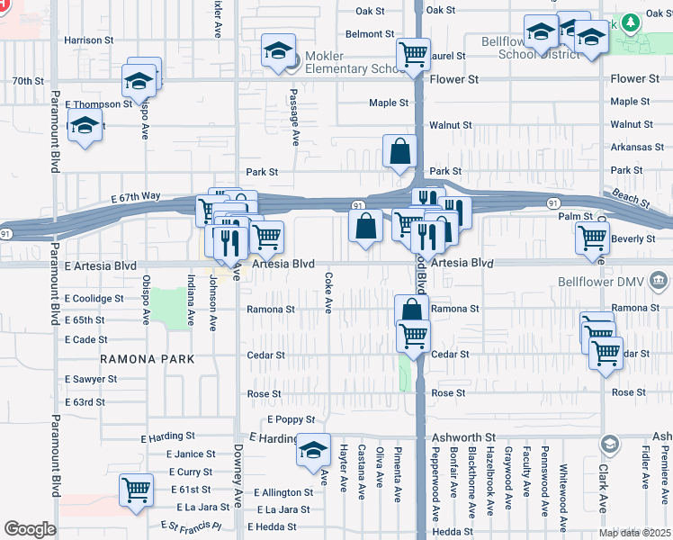 map of restaurants, bars, coffee shops, grocery stores, and more near 8710 Artesia Boulevard in Bellflower