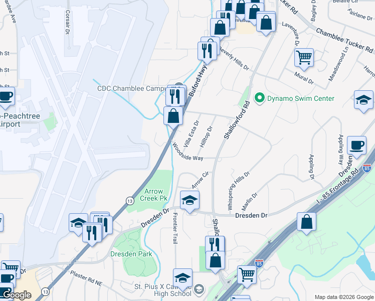 map of restaurants, bars, coffee shops, grocery stores, and more near 2953 Villa Esta Drive in Chamblee