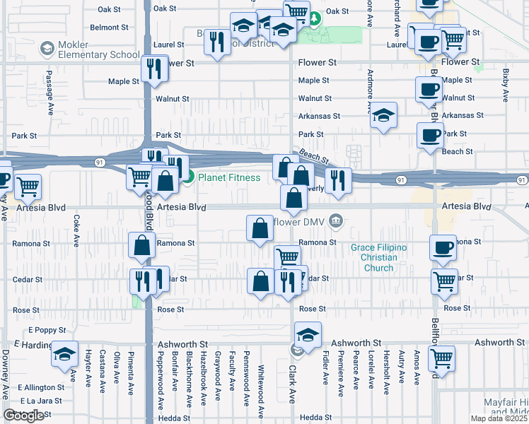 map of restaurants, bars, coffee shops, grocery stores, and more near 9316 Artesia Boulevard in Bellflower