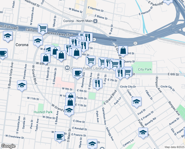 map of restaurants, bars, coffee shops, grocery stores, and more near 615 South Victoria Avenue in Corona