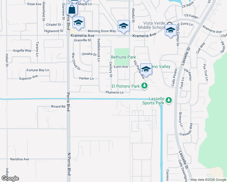 map of restaurants, bars, coffee shops, grocery stores, and more near 25334 Plumeria Lane in Moreno Valley