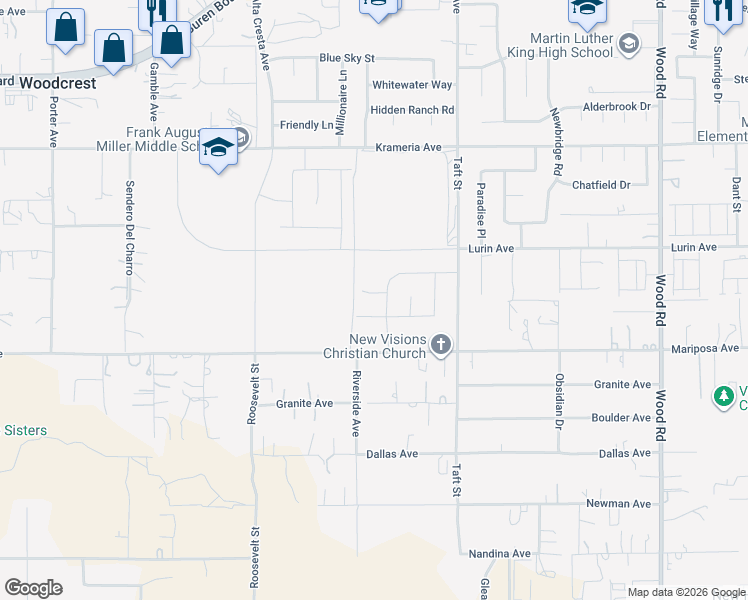 map of restaurants, bars, coffee shops, grocery stores, and more near 18574 Lurin Avenue in Riverside