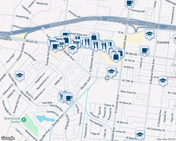 map of restaurants, bars, coffee shops, grocery stores, and more near 993 South Smith Avenue in Corona