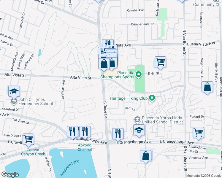 map of restaurants, bars, coffee shops, grocery stores, and more near 1273 Providence Loop in Placentia