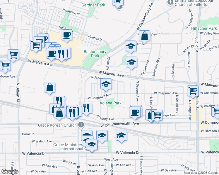 map of restaurants, bars, coffee shops, grocery stores, and more near 420 Adlena Drive in Fullerton