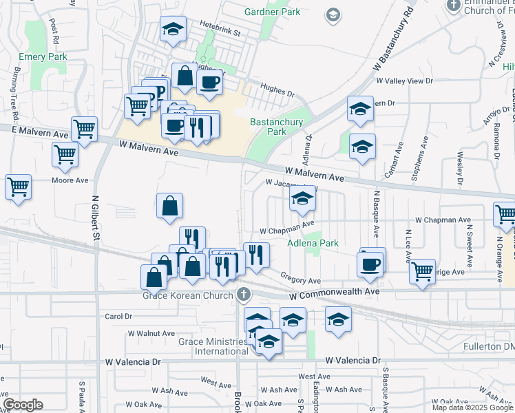 map of restaurants, bars, coffee shops, grocery stores, and more near 2021 West Jacaranda Place in Fullerton