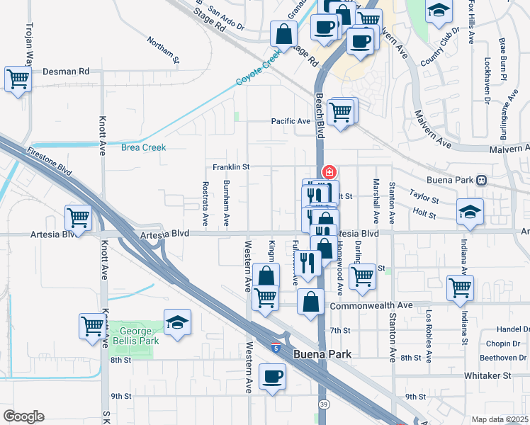 map of restaurants, bars, coffee shops, grocery stores, and more near 5911 Kingman Avenue in Buena Park
