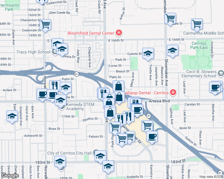 map of restaurants, bars, coffee shops, grocery stores, and more near 12611 Artesia Boulevard in Cerritos
