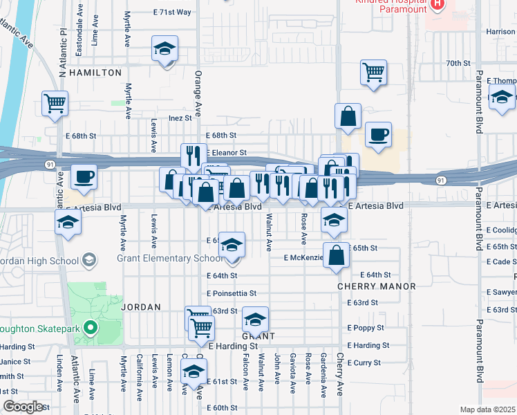 map of restaurants, bars, coffee shops, grocery stores, and more near 1540 East Artesia Boulevard in Long Beach