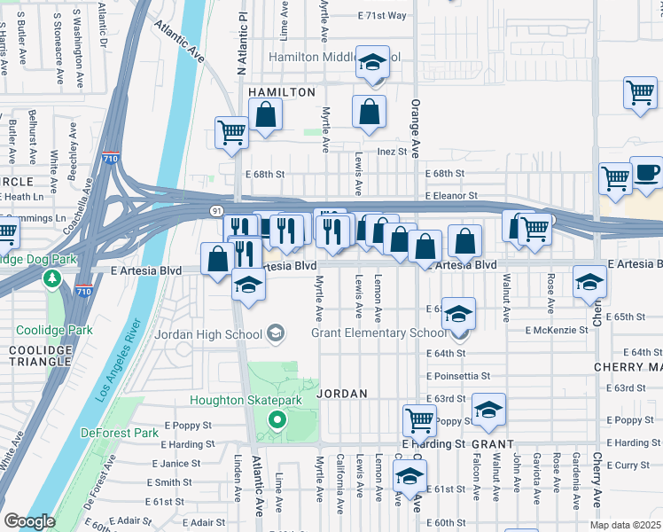 map of restaurants, bars, coffee shops, grocery stores, and more near 906 East Artesia Boulevard in Long Beach