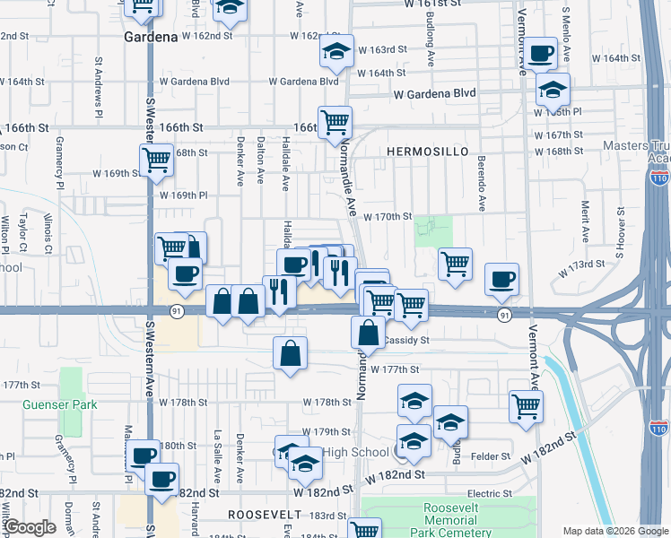 map of restaurants, bars, coffee shops, grocery stores, and more near 1419 West 173rd Street in Gardena