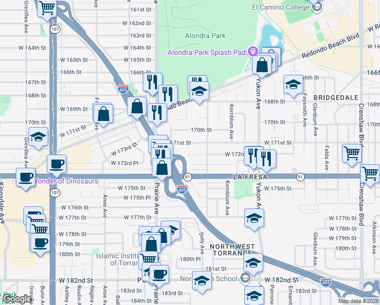 map of restaurants, bars, coffee shops, grocery stores, and more near 3849 West 172nd Street in Torrance
