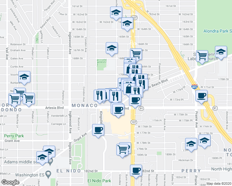 map of restaurants, bars, coffee shops, grocery stores, and more near 4450 West 172nd Street in Lawndale