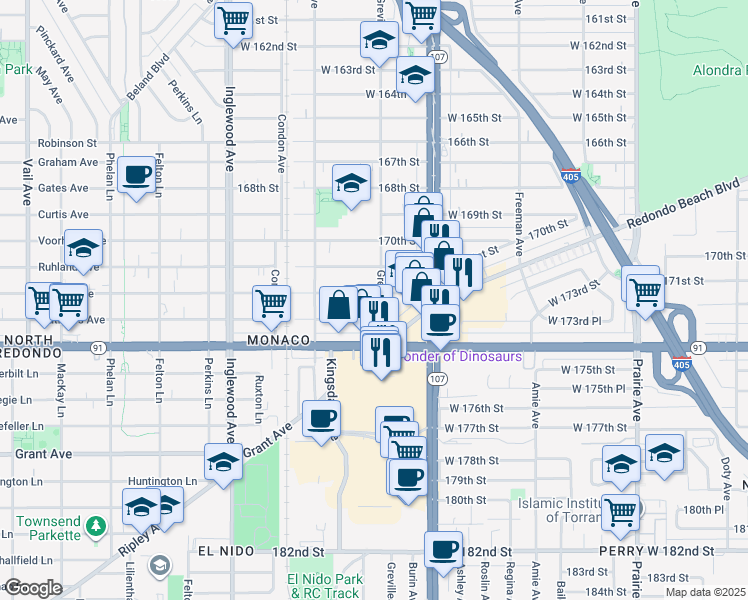 map of restaurants, bars, coffee shops, grocery stores, and more near 4450 West 172nd Street in Lawndale