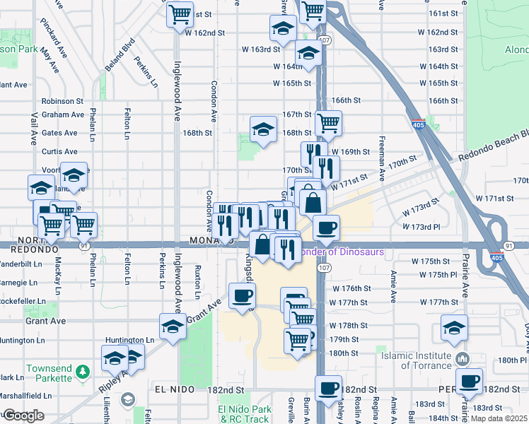 map of restaurants, bars, coffee shops, grocery stores, and more near 4536 West 172nd Street in Lawndale