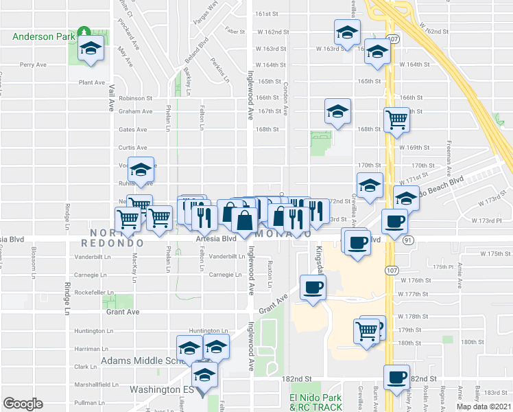 map of restaurants, bars, coffee shops, grocery stores, and more near 4734 West 172nd Street in Lawndale