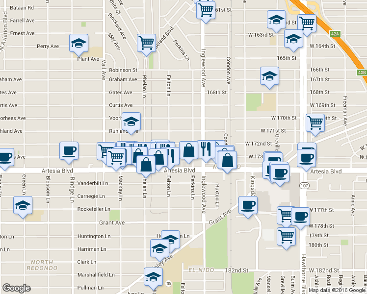 map of restaurants, bars, coffee shops, grocery stores, and more near 2608 Nelson Avenue in Redondo Beach