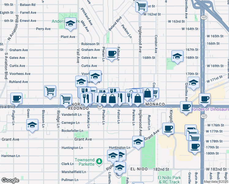 map of restaurants, bars, coffee shops, grocery stores, and more near 2516 Nelson Avenue in Redondo Beach