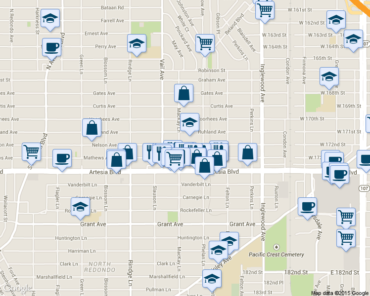 map of restaurants, bars, coffee shops, grocery stores, and more near 2404 Nelson Avenue in Redondo Beach