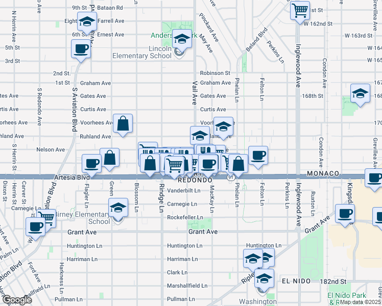 map of restaurants, bars, coffee shops, grocery stores, and more near 2220 Nelson Avenue in Redondo Beach
