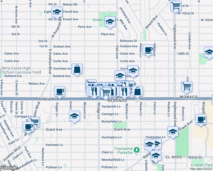 map of restaurants, bars, coffee shops, grocery stores, and more near 2220 Nelson Avenue in Redondo Beach
