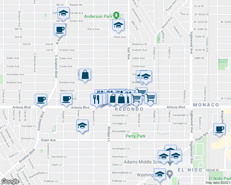 map of restaurants, bars, coffee shops, grocery stores, and more near 2202 Nelson Avenue in Redondo Beach