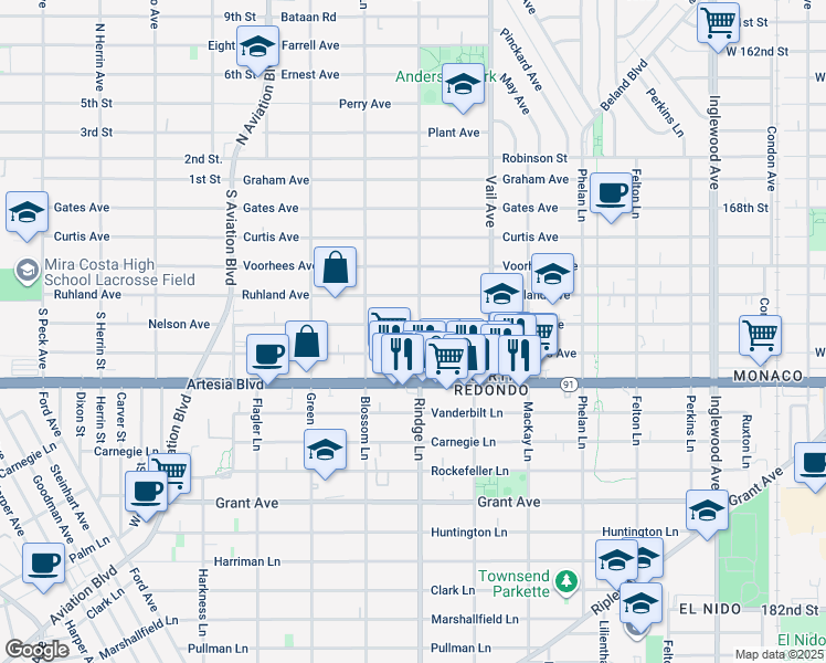 map of restaurants, bars, coffee shops, grocery stores, and more near 2202 Nelson Avenue in Redondo Beach
