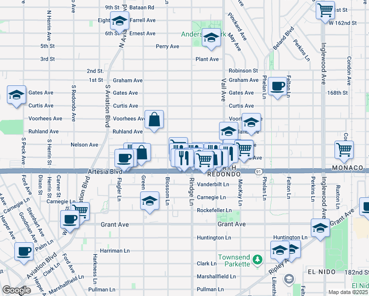 map of restaurants, bars, coffee shops, grocery stores, and more near 2108 Nelson Avenue in Redondo Beach
