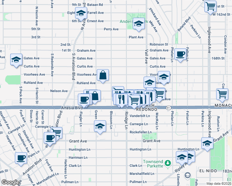 map of restaurants, bars, coffee shops, grocery stores, and more near 2108 Nelson Avenue in Redondo Beach