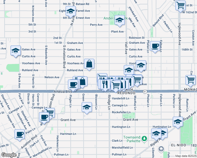 map of restaurants, bars, coffee shops, grocery stores, and more near 2108 Nelson Avenue in Redondo Beach