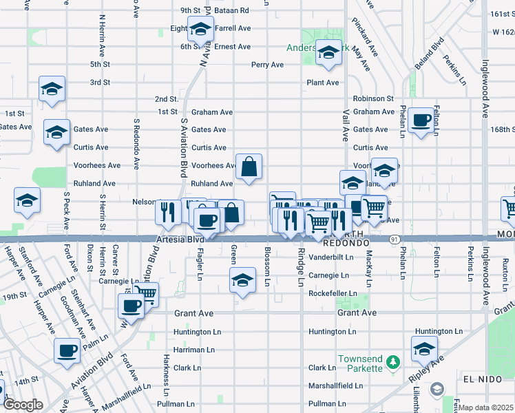 map of restaurants, bars, coffee shops, grocery stores, and more near 2016 Nelson Avenue in Redondo Beach
