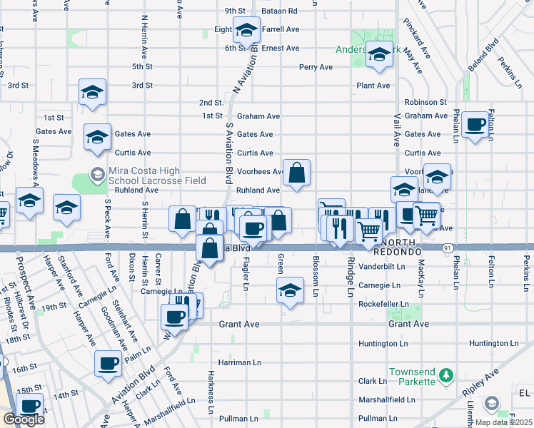map of restaurants, bars, coffee shops, grocery stores, and more near 1916 Nelson Avenue in Redondo Beach