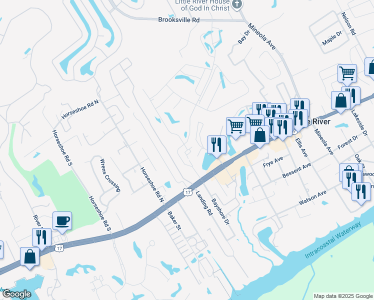 map of restaurants, bars, coffee shops, grocery stores, and more near 101 Zostera Drive in Little River