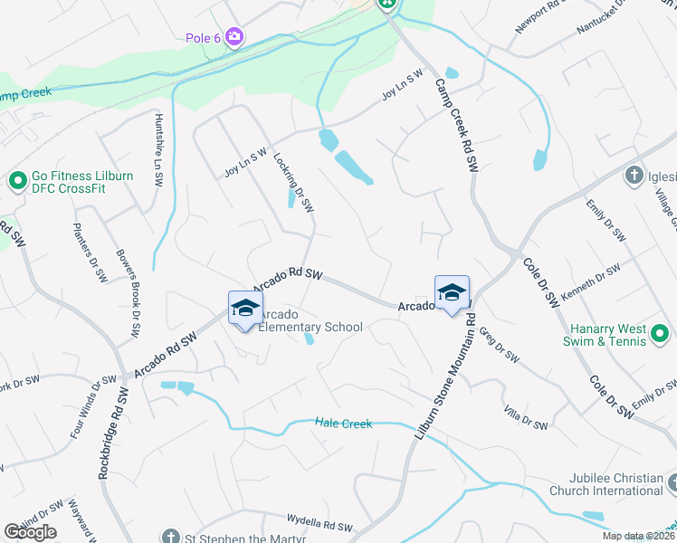 map of restaurants, bars, coffee shops, grocery stores, and more near 5013 Arcado Road Southwest in Lilburn