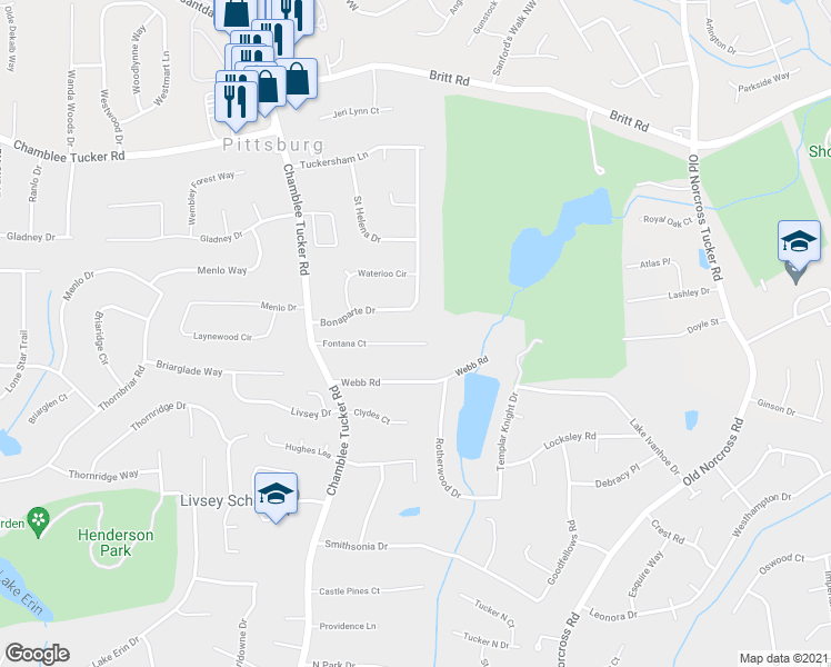 map of restaurants, bars, coffee shops, grocery stores, and more near 4250 Fontana Court in Tucker