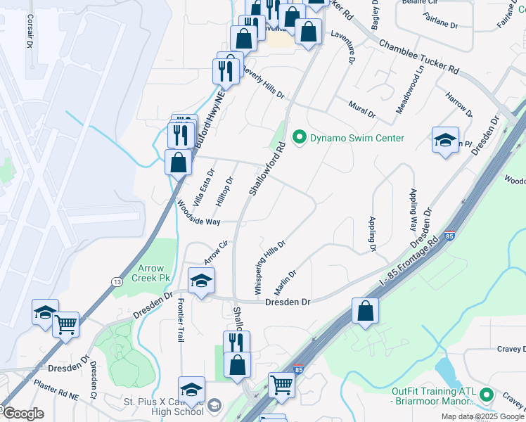 map of restaurants, bars, coffee shops, grocery stores, and more near 2473 Woodside Way in Chamblee