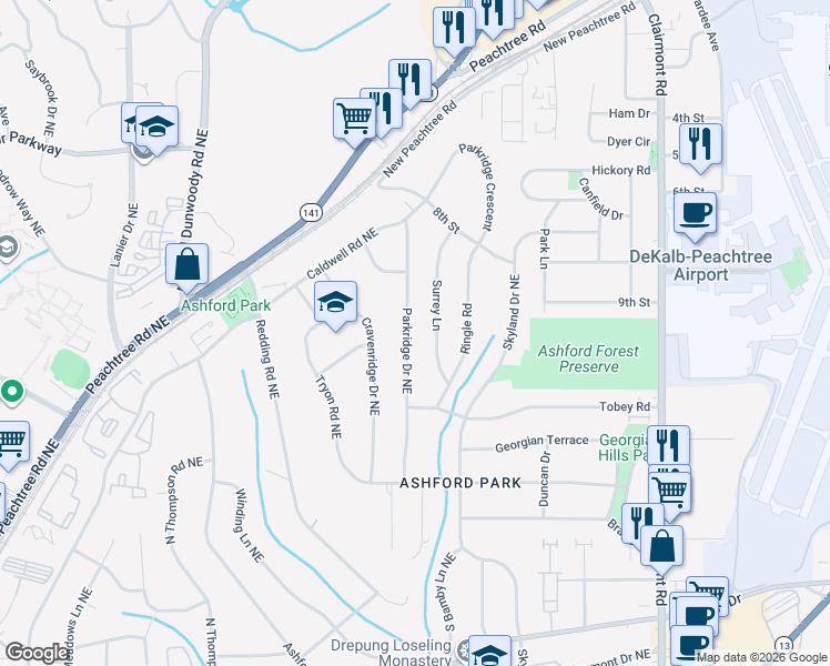 map of restaurants, bars, coffee shops, grocery stores, and more near 2954 Parkridge Drive Northeast in Atlanta