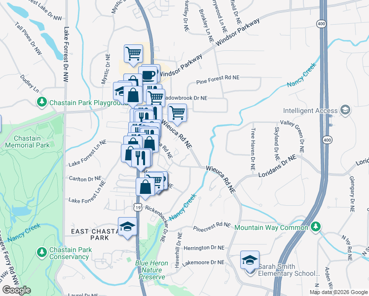 map of restaurants, bars, coffee shops, grocery stores, and more near 340 West Wieuca Road Northeast in Atlanta